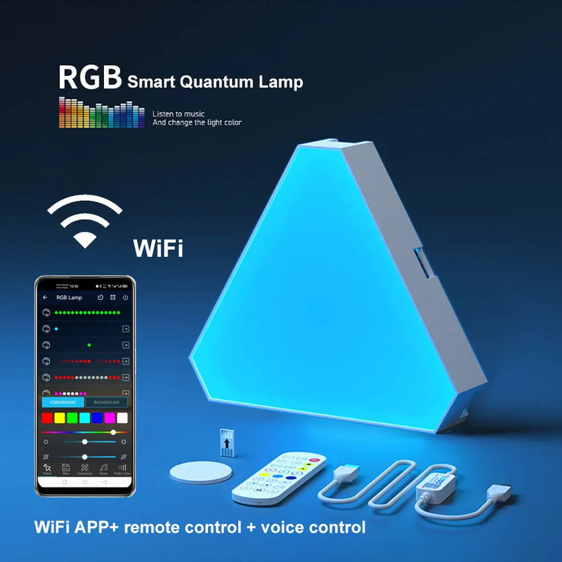 LÂMPADA TRIANGULAR QUÂNTICA RGB  - Luz Inteligente com Ritmo Musical! 🎵 16 Cores + Controle Remoto | OFERTA RELÂMPAGO!
   COM 12 PEÇAS, CADA TRIÂNGULO CORRESPONDE A 1 PEÇA!