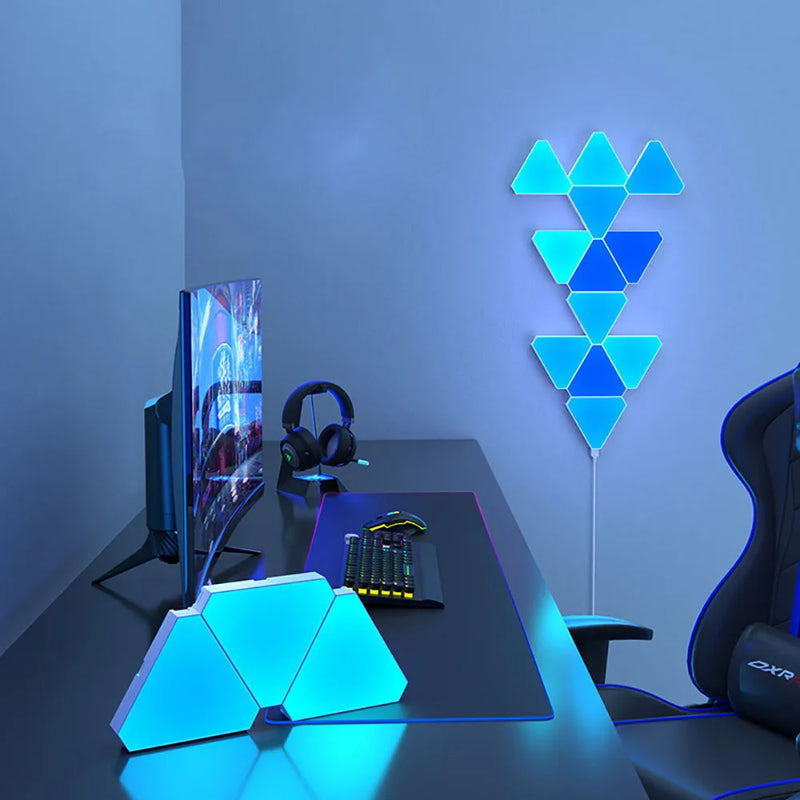 LÂMPADA TRIANGULAR QUÂNTICA RGB  - Luz Inteligente com Ritmo Musical! 🎵 16 Cores + Controle Remoto | OFERTA RELÂMPAGO!
   COM 12 PEÇAS, CADA TRIÂNGULO CORRESPONDE A 1 PEÇA!