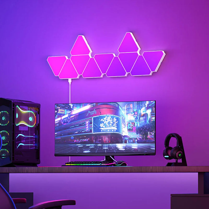 LÂMPADA TRIANGULAR QUÂNTICA RGB  - Luz Inteligente com Ritmo Musical! 🎵 16 Cores + Controle Remoto | OFERTA RELÂMPAGO!
   COM 12 PEÇAS, CADA TRIÂNGULO CORRESPONDE A 1 PEÇA!