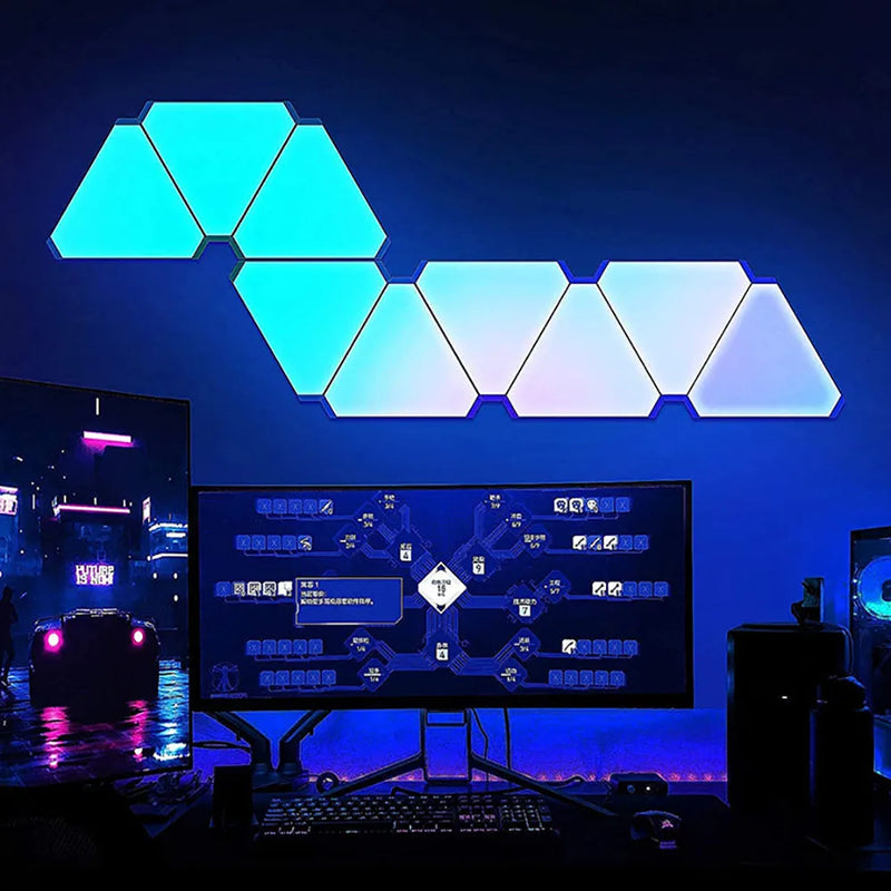 LÂMPADA TRIANGULAR QUÂNTICA RGB  - Luz Inteligente com Ritmo Musical! 🎵 16 Cores + Controle Remoto | OFERTA RELÂMPAGO!
   COM 12 PEÇAS, CADA TRIÂNGULO CORRESPONDE A 1 PEÇA!