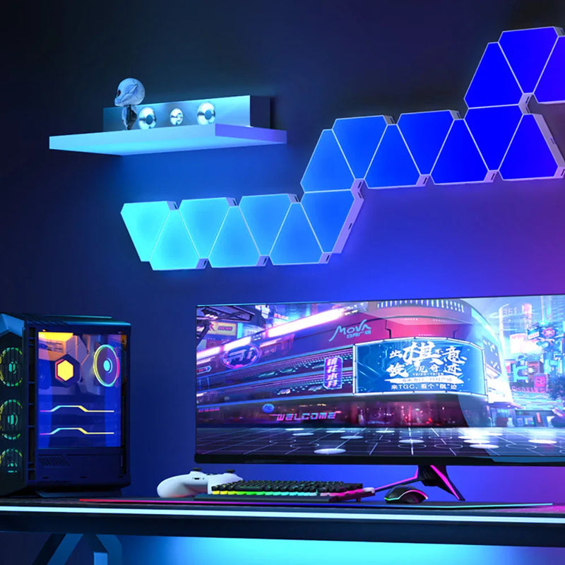 LÂMPADA TRIANGULAR QUÂNTICA RGB  - Luz Inteligente com Ritmo Musical! 🎵 16 Cores + Controle Remoto | OFERTA RELÂMPAGO!
   COM 12 PEÇAS, CADA TRIÂNGULO CORRESPONDE A 1 PEÇA!